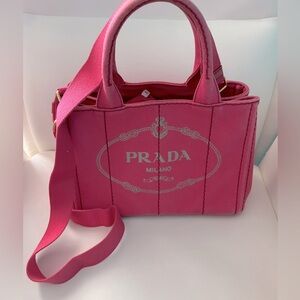 Auth PRADA Canapa Pink Canvas Tote Bag